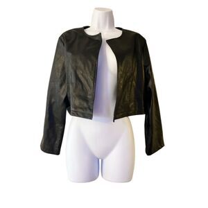 Women's Black Cropped Pleather Jacket Size L Long Sleeve Casual